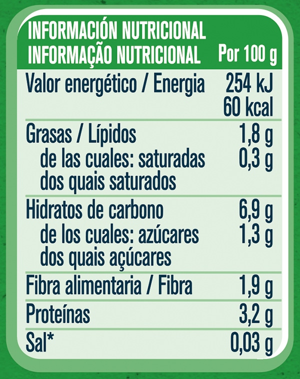 Tabla nutricional Tarrito de puré para bebés GERBER Guisantes con Patata y Pollo