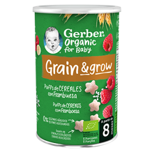 Snacks para bebés de cereales Puffs GERBER Trigo y Arroz con Frambuesa orgánico