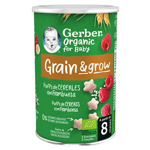 Snacks para bebés de cereales Puffs GERBER Trigo y Arroz con Frambuesa orgánico