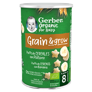 Snacks para bebés de cereales Puffs GERBER Trigo y Arroz con Plátano orgánico