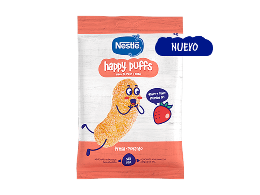 Snacks NESTLÉ Happy Puffs Maíz Fresa  Snacks NESTLÉ Happy Puffs Maíz Fresa